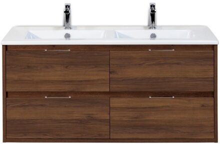 Porto Badmeubelset 120 cm - 4 Laden Walnoot - Keramische Wastafel Wit Slim