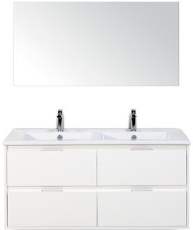Porto Badmeubelset 120 cm - 4 Laden Wit Hoogglans - Keramische Wastafel Wit Slim met Spiegel