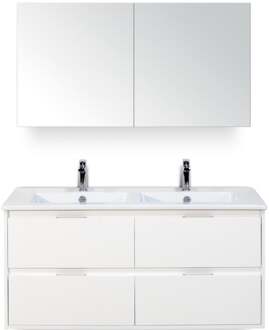 Porto Badmeubelset 120 cm - 4 Laden Wit Hoogglans - Keramische Wastafel Wit Slim met Spiegelkast