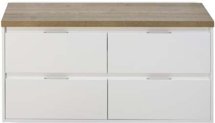 Porto Badmeubelset 120 cm - 4 Laden Wit Hoogglans - Wastafelbovenblad Natuur Eiken