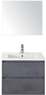 Porto Badmeubelset 70 cm - Beton Antraciet - Keramische Wastafel Wit Slim met Spiegel