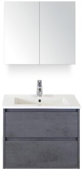 Porto Badmeubelset 70 cm - Beton Antraciet - Keramische Wastafel Wit Slim met Spiegelkast