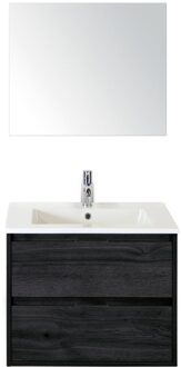 Porto Badmeubelset 70 cm - Black Oak - Keramische Wastafel Wit Slim met Spiegel