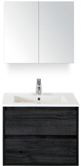 Porto Badmeubelset 70 cm - Black Oak - Keramische Wastafel Wit Slim met Spiegelkast