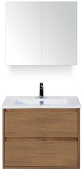 Porto Badmeubelset 70 cm - Honey - Keramische Wastafel Wit Slim met Spiegelkast