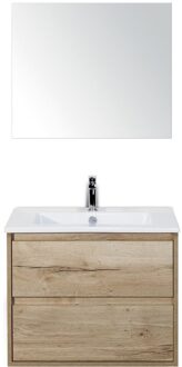 Porto Badmeubelset 70 cm - Natuur Eiken - Keramische Wastafel Wit Slim met Spiegel