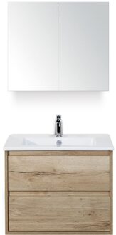 Porto Badmeubelset 70 cm - Natuur Eiken - Keramische Wastafel Wit Slim met Spiegelkast