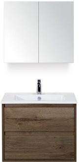 Porto Badmeubelset 70 cm - Tabacco - Keramische Wastafel Wit Slim met Spiegelkast