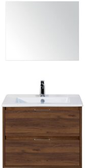 Porto Badmeubelset 70 cm - Walnoot - Keramische Wastafel Wit Slim met Spiegel