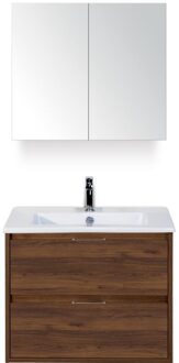 Porto Badmeubelset 70 cm - Walnoot - Keramische Wastafel Wit Slim met Spiegelkast