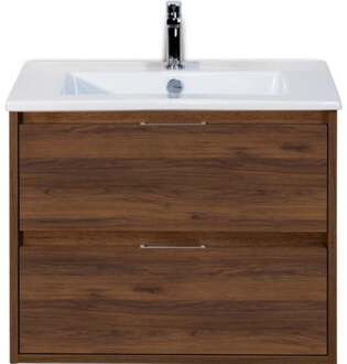 Porto Badmeubelset 70 cm - Walnoot - Keramische Wastafel Wit Slim