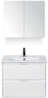 Porto Badmeubelset 70 cm - Wit Hoogglans - Keramische Wastafel Wit Slim met Spiegelkast