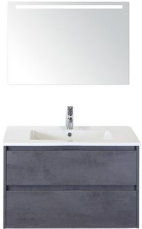 Porto Badmeubelset 90 cm - Beton Antraciet - Keramische Wastafel Wit Slim met Sence Spiegel