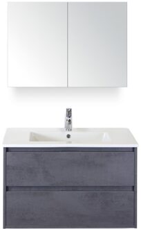 Porto Badmeubelset 90 cm - Beton Antraciet - Keramische Wastafel Wit Slim met Spiegelkast