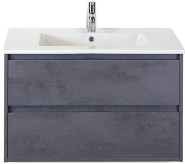 Porto Badmeubelset 90 cm - Beton Antraciet - Keramische Wastafel Wit Slim