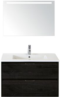 Porto Badmeubelset 90 cm - Black Oak - Keramische Wastafel Wit Slim met Sence Spiegel
