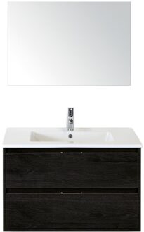 Porto Badmeubelset 90 cm - Black Oak - Keramische Wastafel Wit Slim met Spiegel