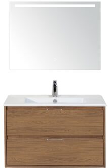 Porto Badmeubelset 90 cm - Honey - Keramische Wastafel Wit Slim met Sence Spiegel