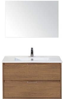 Porto Badmeubelset 90 cm - Honey - Keramische Wastafel Wit Slim met Spiegel