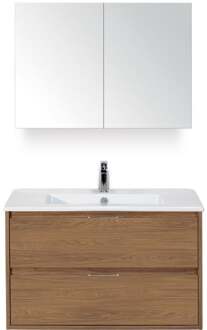 Porto Badmeubelset 90 cm - Honey - Keramische Wastafel Wit Slim met Spiegelkast