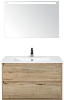 Porto Badmeubelset 90 cm - Natuur Eiken - Keramische Wastafel Wit Slim met Sence Spiegel