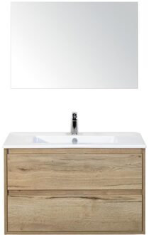 Porto Badmeubelset 90 cm - Natuur Eiken - Keramische Wastafel Wit Slim met Spiegel