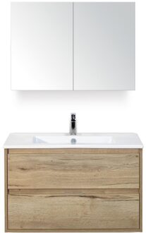 Porto Badmeubelset 90 cm - Natuur Eiken - Keramische Wastafel Wit Slim met Spiegelkast