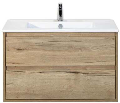 Porto Badmeubelset 90 cm - Natuur Eiken - Keramische Wastafel Wit Slim