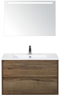 Porto Badmeubelset 90 cm - Tabacco - Keramische Wastafel Wit Slim met Sence Spiegel