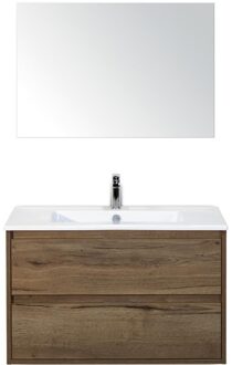 Porto Badmeubelset 90 cm - Tabacco - Keramische Wastafel Wit Slim met Spiegel