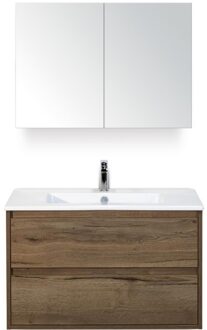 Porto Badmeubelset 90 cm - Tabacco - Keramische Wastafel Wit Slim met Spiegelkast