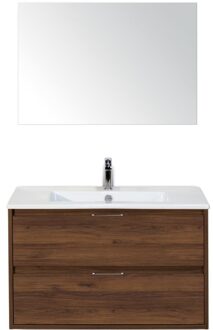 Porto Badmeubelset 90 cm - Walnoot - Keramische Wastafel Wit Slim met Spiegel