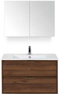 Porto Badmeubelset 90 cm - Walnoot - Keramische Wastafel Wit Slim met Spiegelkast