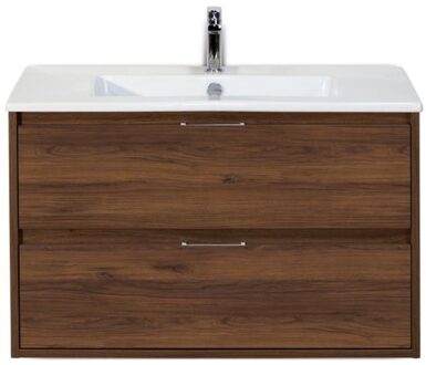 Porto Badmeubelset 90 cm - Walnoot - Keramische Wastafel Wit Slim