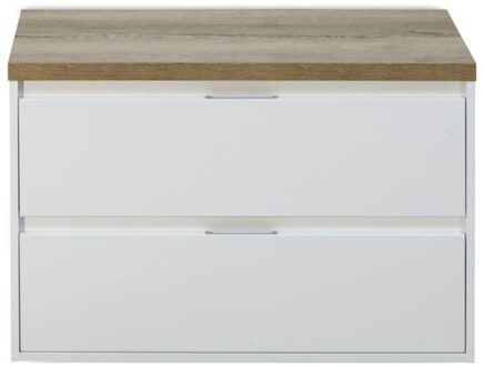 Porto Badmeubelset 90 cm - Wit Hoogglans - Wastafelbovenblad Natuur Eiken