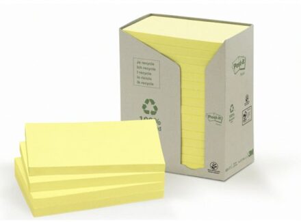 Post-it Post-it® Notes, Gerecycleerd, Toren, Geel, 76 x 127 mm, 16 Blokken, Non X-Wrapped, 100 Blaadjes/Blok