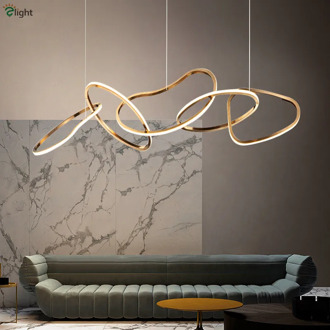 Post Modern Stainless Steel Led Pendant Lights Lustre Gold Rings Led Pendant Lamp Villa Dining Room Adjustable Suspend Lamp