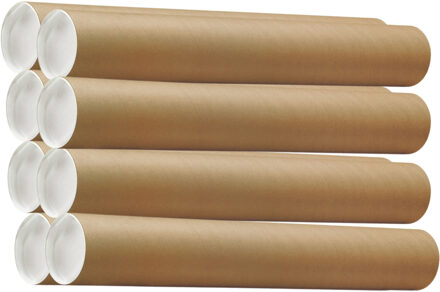 Poster koker - 8x - 650 x 50 mm - bruin - karton - met witte deksel - verzendkokers - delselkoker