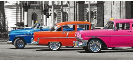 Poster Vintage Auto's Blauw, Oranje En Roze - 202 X 90 Cm - 600913