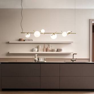 Posy Bil6 hanglamp, 6-lamps, Murano glas geborsteld messing, wit opaal