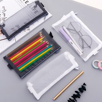Potlood Tas Transparante Mesh School Etui Grote Capaciteit Nylon Pen Bag Case voor Kantoorbenodigdheden Leuke Briefpapier Kids wit groot