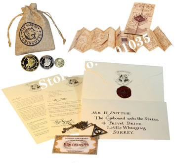 Potters The Marauder's Map Harried Hogwart Acceptance Letter Express Ticket Deathly Hallows Necklace Gringott Bank Coins and Bag