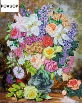 POVUOP kruissteek lint borduren kit 60X50 cm mode lint borduren kit 3d print cross stitch schilderijen