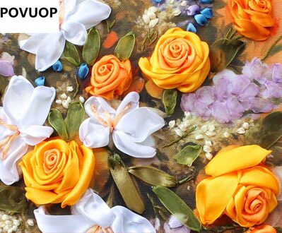 POVUOP Lint borduurwerk 50X60 cm lelie rose prachtige 3d print grote schilderijen cross diamond