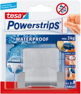 Powerstrips RVS dubbele haak waterproof Tesa 1 stuks - Handdoekhaakjes Zilverkleurig