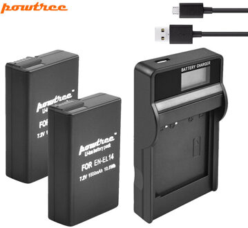 Powtree 1500 Mah En-EL14 EN-EL14a ENEL14 EN-EL14 Batterij + Lcd Oplader Voor Nikon P7800,P7700, p7100, P7000,D5500,D5300,D5200,D3200 2XBattery LCDCharger