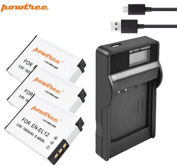 Powtree 1800mAh EN-EL12 EN EL12 Batterij + voor Nikon CoolPix S610 S610c S620 S630 S710 S1000pj P300 P310 P330 3 accu lader