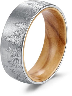 POYA TUNGSTEN Forest Mountain Ring with Oliver Wood Liner Men's 8 mm Wedding Band Comfort Fit