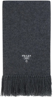 Prada Cashmere Logo Sjaal met Franje Afwerking Prada , Gray , Unisex - ONE Size