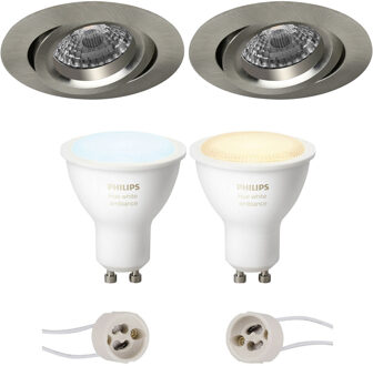 Pragmi Aerony Pro - Inbouw Rond - Mat Nikkel - Kantelbaar - Ø82mm - Philips Hue - LED Spot Set GU10 - White Ambiance - Zilverkleurig